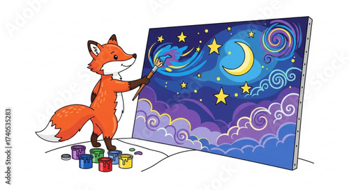 Fox artist painting a night sky with stars moon and clouds on a canvas with paint cans at the bottom