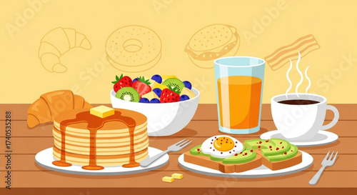 Illustration of a breakfast table with pancakes fruit salad toast coffee and orange juice on a wooden surface