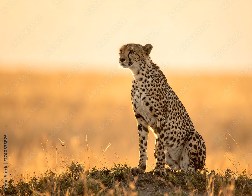 Naklejka premium Cheetah rests atop a hill, basking in the warm light of the African plains