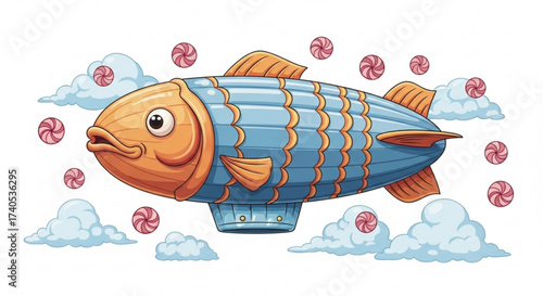 Illustration of a whimsical fish shaped airship floating amidst clouds and scattered pink and white candies