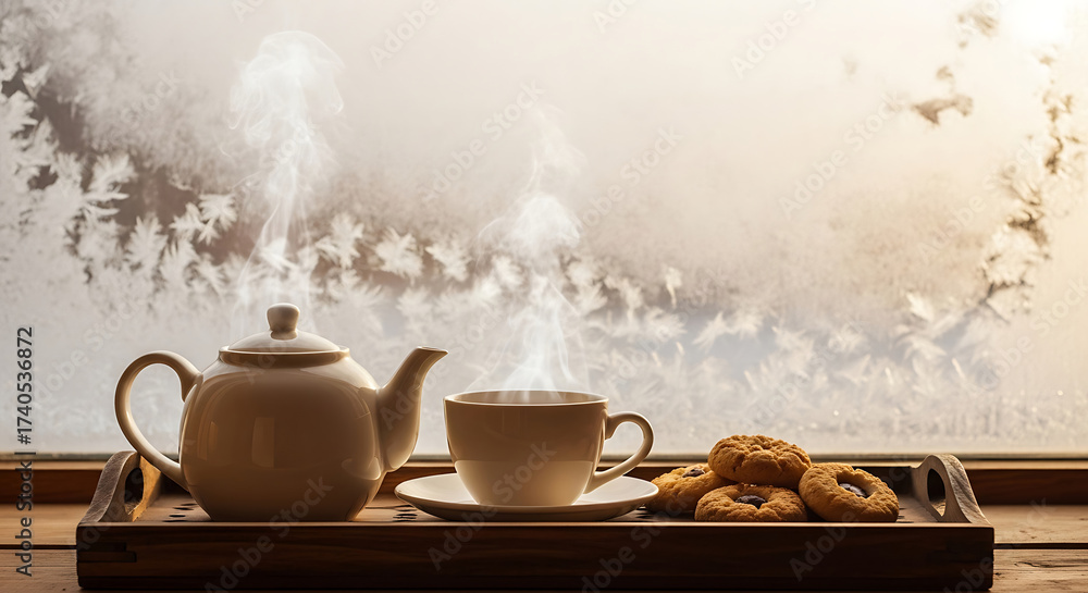 Fototapeta premium Hot tea pot and cup on wooden tray with cookies, frost-covered window behind