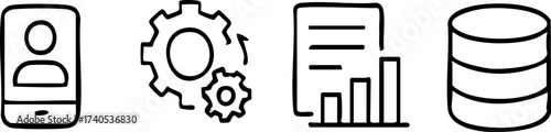 Set of four icons representing user profile gears document with chart and database.