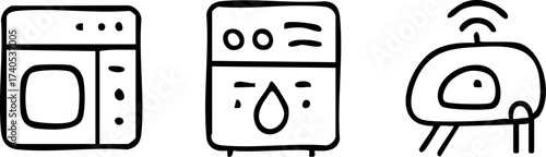 Set of three icons representing household appliances and technology.