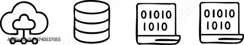 Simple Line Icons of Cloud Network Database and Binary Code.