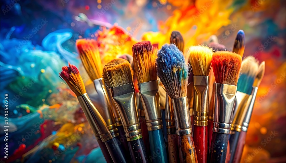 Fototapeta premium Close-up of colorful artist brushes with vibrant paint splashes