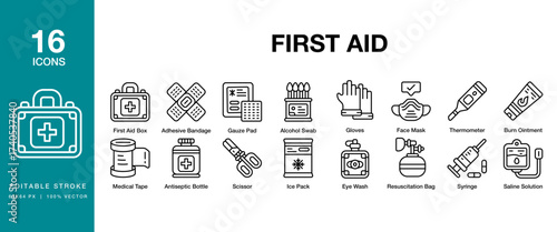 First Aid icon set. Includes health, emergency, help, aid, medical and More. Editable Stroke Icon Collection.