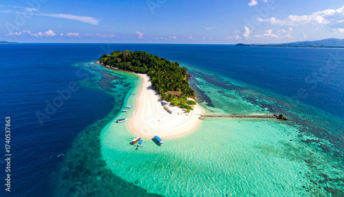 Stunning high-angle view of a lush tropical island surrounded by turquoise waters
