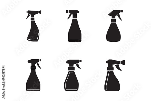 Black and White Spray Bottle Icons for Cleaning and Disinfection Solutions Vector Illustration Graphic Resources