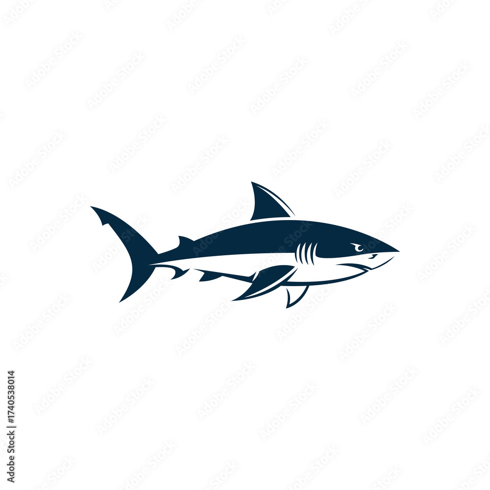 Fototapeta premium A stylized illustration of a shark, depicted in a minimalist, graphic style, isolated on white background.