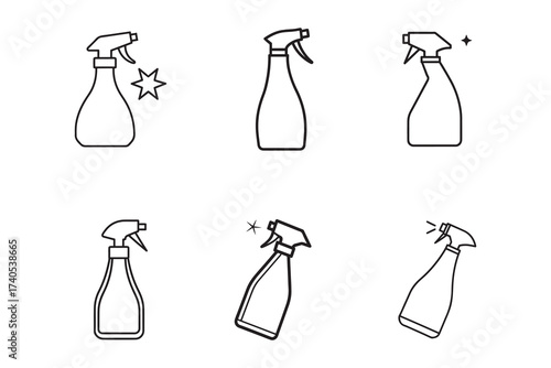 Cleaning Spray Bottle Icon Set on White Background Vector Illustration Depicting Household Hygiene and Disinfection