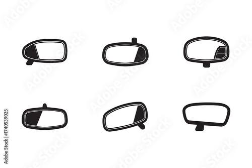Collection of black and white car mirror icons offering a minimalist design and versatile usage options for transportation themed projects