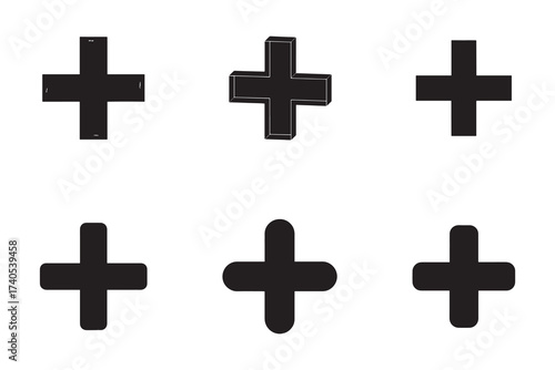 Collection of Black Plus Sign Symbols on White Background Graphic Representation of Addition and Mathematics Operations Plus One 3D Shape
