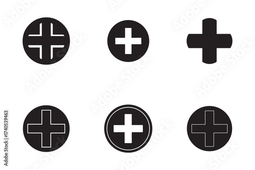 Collection of Black Plus Sign Icons on White Background for Medical Design and Interface Applications Multiple Styles