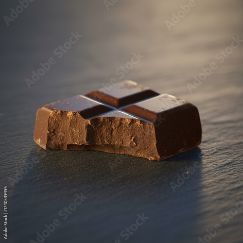 single, hand-broken piece of dark chocolate resting on a slightly textured, dark surface (e.g., slate or marble)