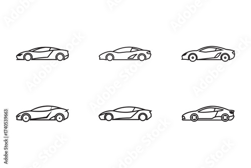 Collection of Car Icons Showing Sporty Coupe Designs Vector Graphics for Automotive Industry or Design Projects