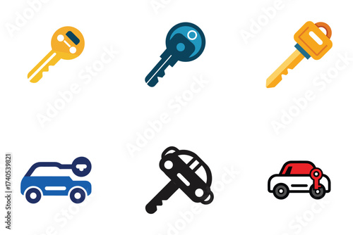 Collection of Car Key Icons Vector Illustration Depicting Automotive Security and Vehicle Access Concepts