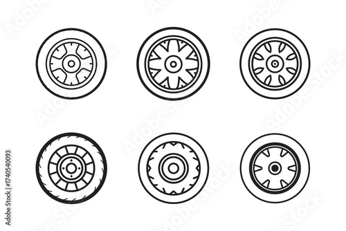 Collection of Car Wheels in Simple Line Art Style for Automotive Industry Designs and Vector Graphics Projects