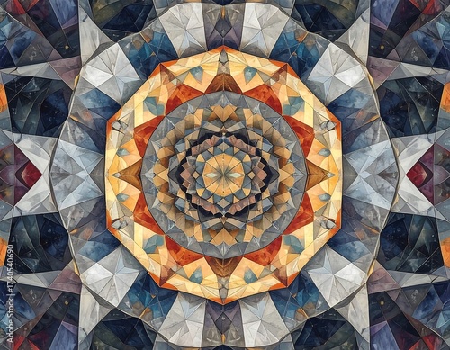 A kaleidoscopic, geometric design with layered shapes and warm colors