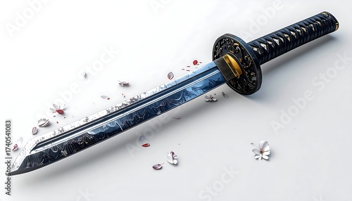 A katana with a complex hilt, resting amongst scattered flower petals