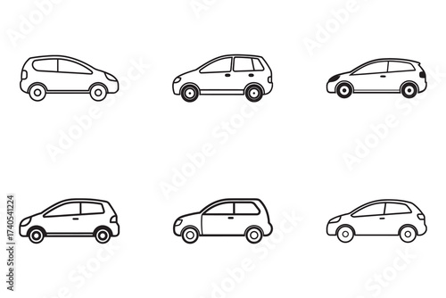 Collection of Hatchback Car Icons in Black and White Minimalist Design for Automotive Industry and Transportation Concepts