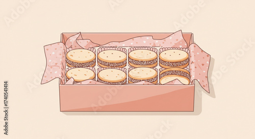 Box of alfajores cookies arranged in pink decorative packaging  