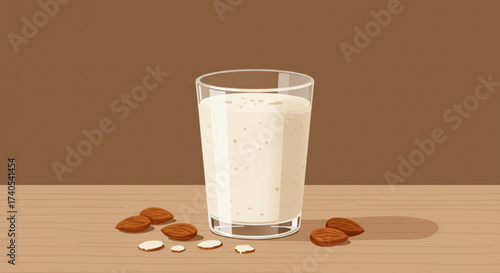 Almond milk smoothie in a glass with almonds on brown background  
