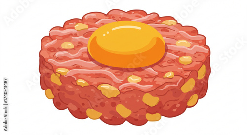 Raw meat dish with egg yolk and vegetables in colorful style  