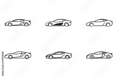 Collection of Minimalist Sport Car Outline Illustrations for Design Concepts and Automotive Industry Presentations or Print Materials