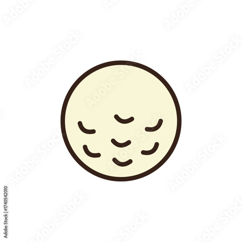 doodle of golf ball. It is a light cream or off-white colored sphere with several small, dark brown, crescent-shaped markings scattered across its surface, representing the dimples of a golf ball