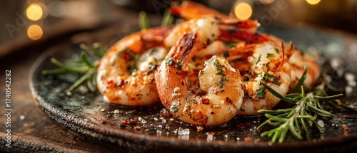 Close up of cooked shrimps with herbs on a plate