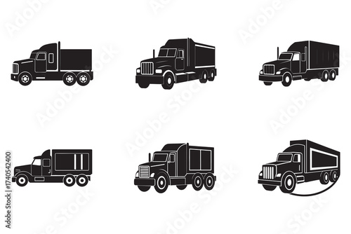 Collection of Six Black Truck Silhouettes on White Background Delivering Goods and Transportation Services for Logistics and Delivery Companies