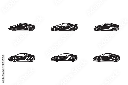 Collection of Six Sleek Black Car Silhouettes Modern Automotive Designs and Minimalist Vehicle Icons for Transportation Concepts