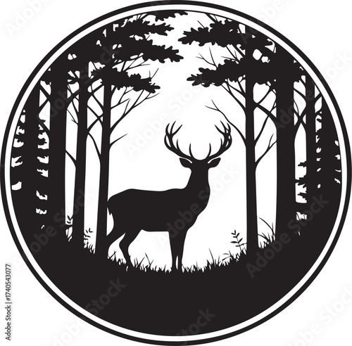 Deer in forest silhouette circular emblem