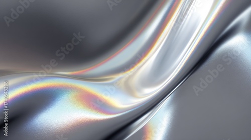 Fluid chrome-like holographic foil curves in silver tones, modern abstract design with futuristic reflections and glossy depth
