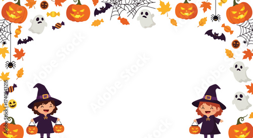 Adobe illustrator artwork vector illustration. Festive Halloween frame with cute witch kids, pumpkins, ghosts, and colorful autumn leaves. Perfect for invitations, banners, and promotions
