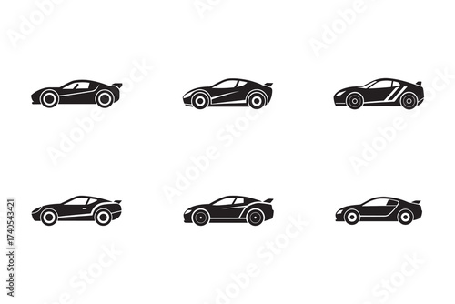 Collection of sport car silhouettes in black and white modern vehicle designs automotive industry concepts for presentations and graphic design