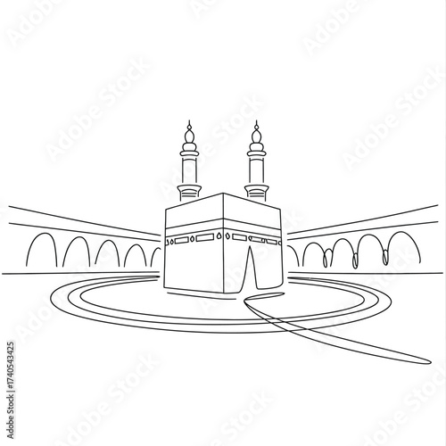 Continuous line drawing of Mecca Kaaba Islamic worship building mosque landmark holy structure for Muslim pilgrimage Hajj Umrah ritual ceremony