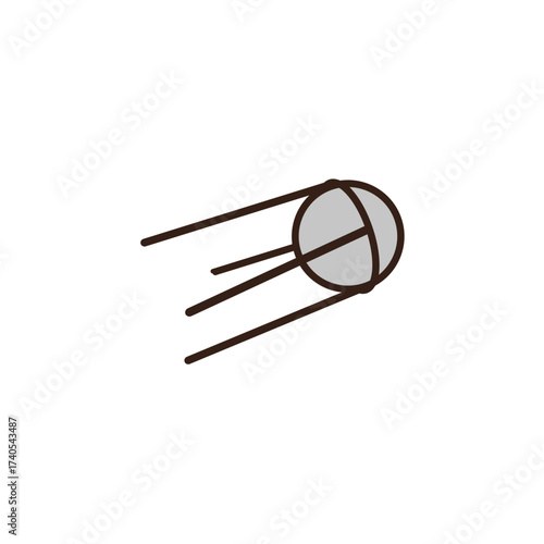 doodle of a satellite, resembling Sputnik. It has a light grey spherical body with a dark outline, and three dark brown, thin antennae or rods extending from one side, suggesting motion