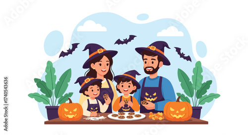 Adobe illustrator artwork vector illustration. Happy family in witch hats baking Halloween cookies with pumpkins. Perfect for holiday recipes, family activities, and seasonal celebrations