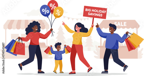 Festive shopping event showcasing holiday discounts and family fun with balloons and sale signs