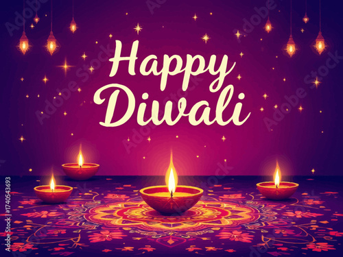 Colorful flat vector design showing Diwali oil lamps with decorative rangoli floral patterns and Happy Diwali festive greeting in bright style