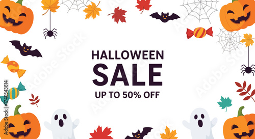 Adobe illustrator artwork vector illustration. Festive Halloween sale banner with pumpkins, ghosts, bats, and fall leaves. Ideal for promoting holiday discounts and seasonal offers