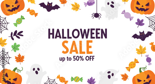 Adobe illustrator artwork vector illustration. Festive Halloween sale banner with pumpkins, ghosts, bats, and fall leaves. Ideal for promoting holiday discounts and seasonal offers