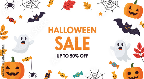 Adobe illustrator artwork vector illustration. Festive Halloween sale banner with pumpkins, ghosts, bats, and fall leaves. Ideal for promoting holiday discounts and seasonal offers