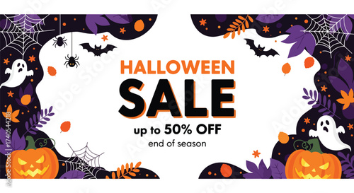 Adobe illustrator artwork vector illustration. Spooky Halloween sale banner with pumpkins, ghosts, bats, and spiders. Perfect for promoting discounts and end-of-season offers