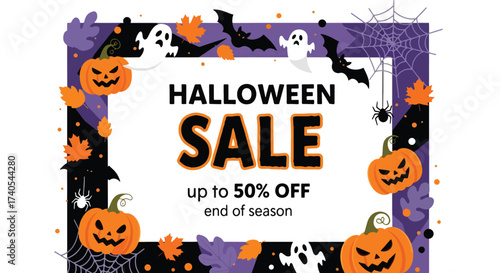 Adobe illustrator artwork vector illustration. Spooky Halloween sale banner with pumpkins, ghosts, bats, and spiders. Perfect for promoting discounts and end-of-season offers