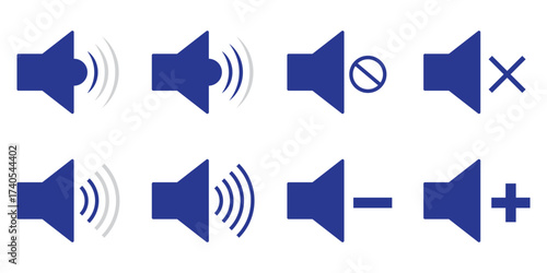 Volume icon set. Sound regulation icon. Vector Blue sound flat icons set. Media player buttons icon set, mute symbol, Silent sign, Low volume, Maximum Volume symbol, No volume different signal levels.