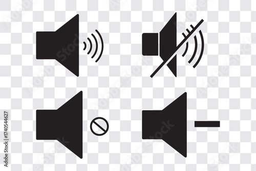 Vector black sound flat icons set. A set of speaker volume icons in solid and outline styles, showing sound on and sound off variations. Audio Speaker Volume Icons. EPS 10.