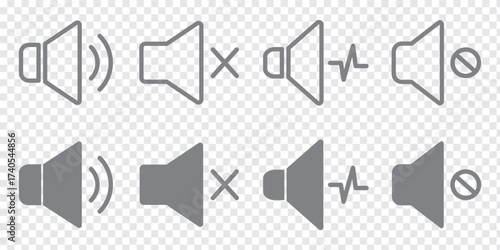 Volume and Speaker Icons Set Sound Symbols Including Mute, Low, Medium, and High Volume Levels in Minimalist Line Style for Media Players, Mobile Apps, and Web Audio Interfaces Vector Grey, Red color.