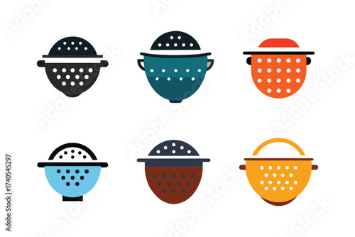 Colorful Kitchen Colander Collection for Cooking Illustration Set Different Colors Styles and Designs Flat Design Vector Isolated on White Background